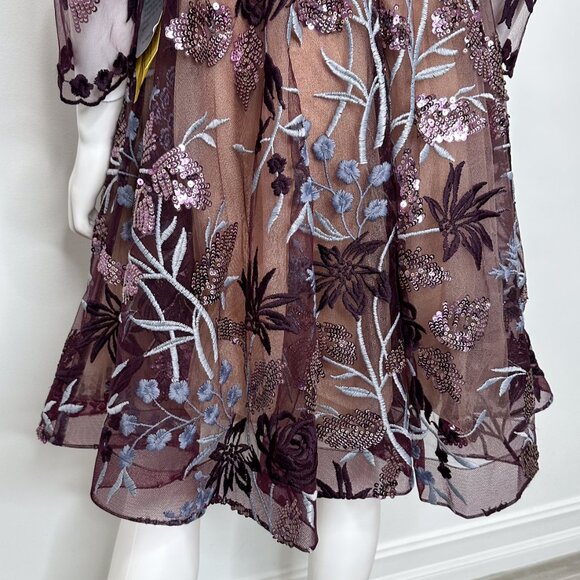 Bronx and Banco Purple Fiora Sequin Embroidered Mesh ¾ Sleeve Mini Dress Size 4 - Picture 15 of 17